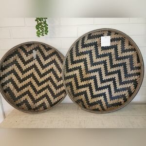 2 Farmhouse Tan and black wicker baskets home decor